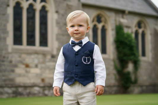 Boys Navy blue vest with beige linen suit