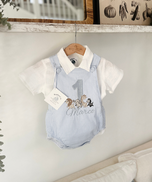Baby and Toddler boys blue and white linen baptism and birthday romper and shirt set