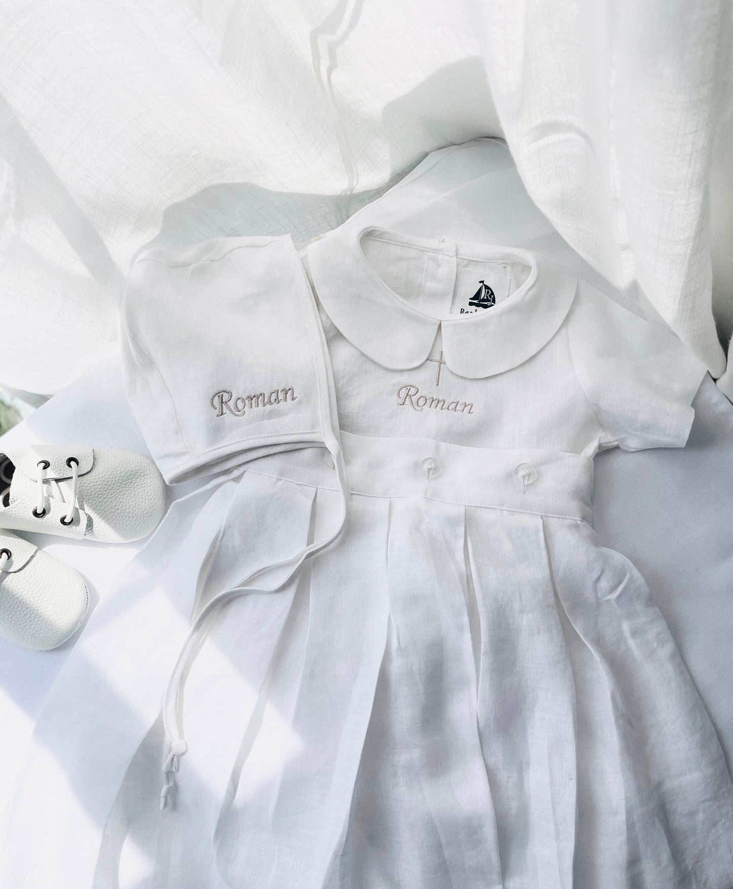 White Linen Baptism Gown romper with detachable skirt dress and optional embroidery