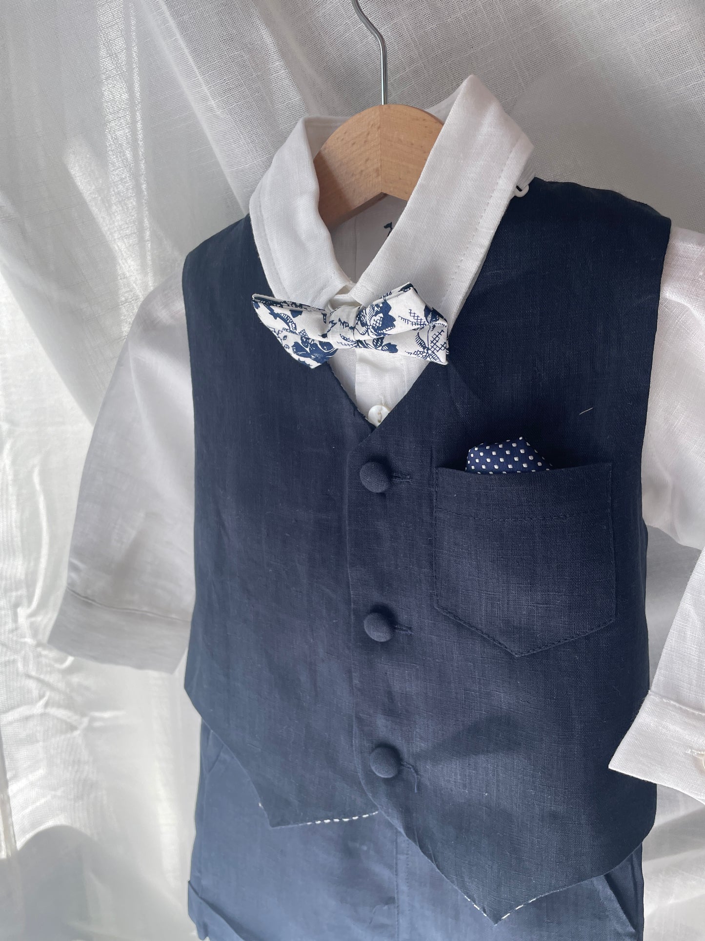 Navy blue linen summer set with vest, shorts, shirt, suspenders and bow tie plus optional jacket, embroidery, shoes and cap