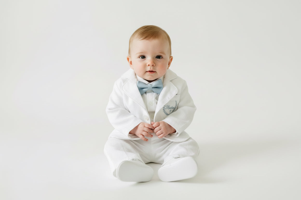 White linen Baptism suit set with pants, shirt, suspenders and bowtie plus optional jacket and extras
