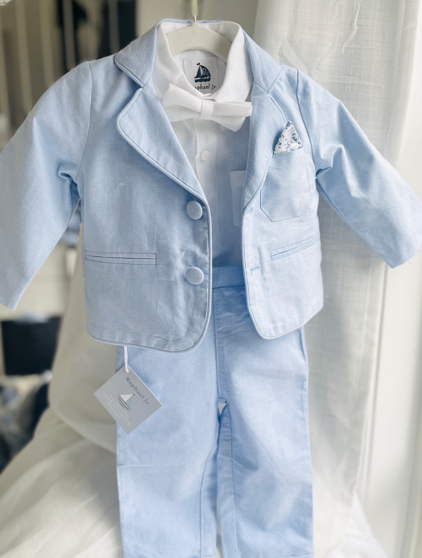 Baby and toddler boys pale blue chambray and linen full suit