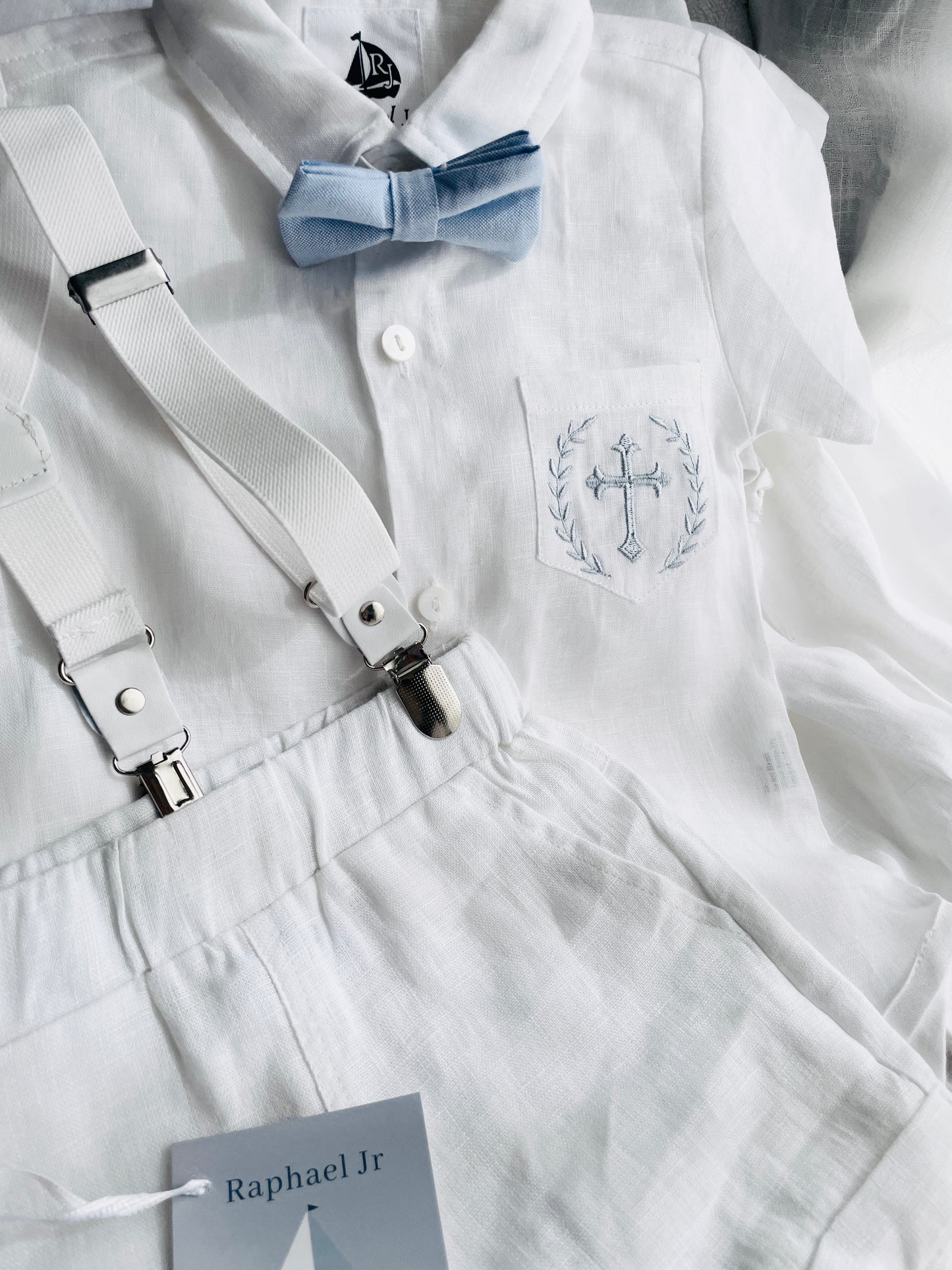 White linen summer Baptism suit set with shorts, shirt, suspenders and bowtie plus optional extras