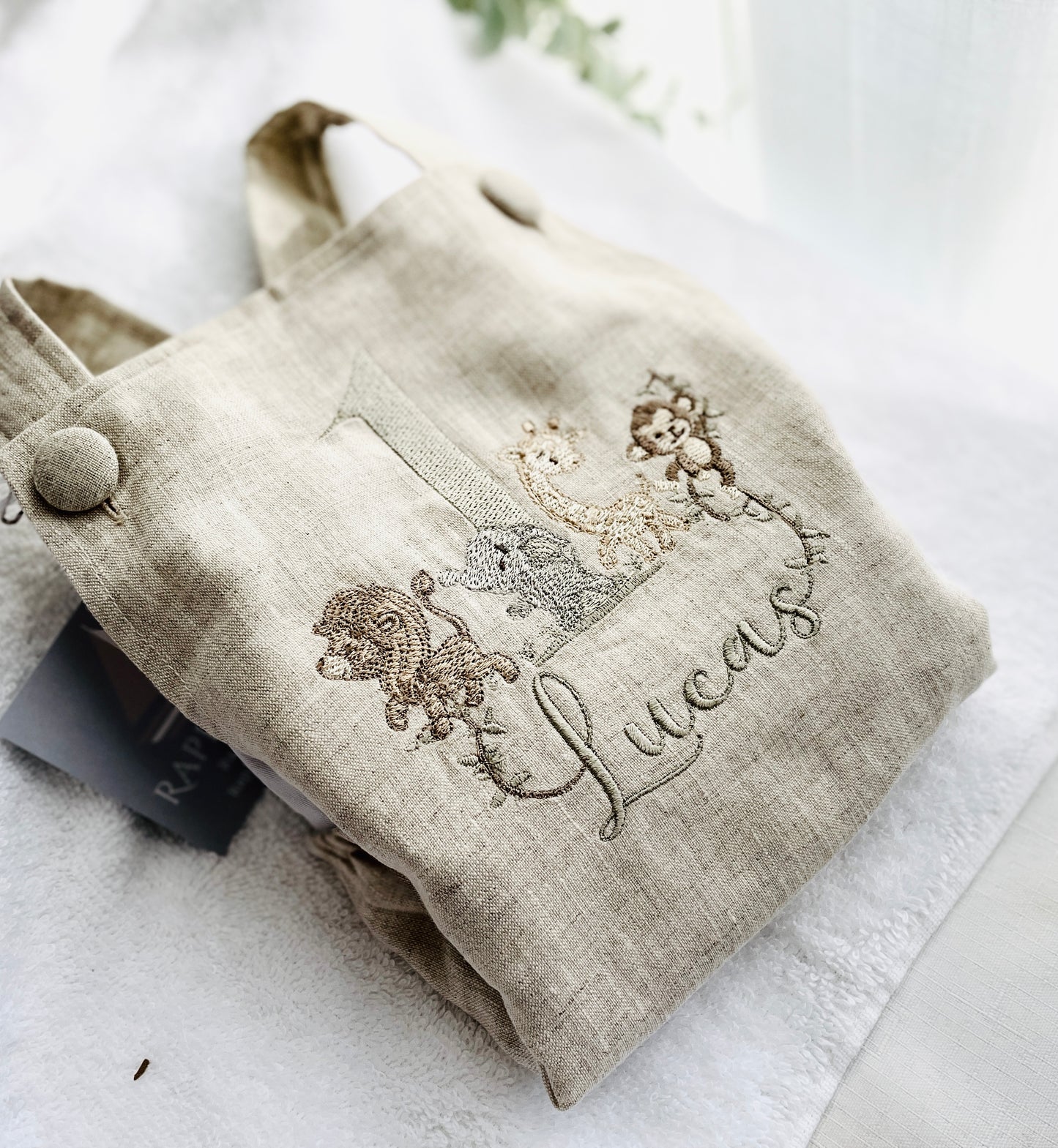 Boys Beige Linen Birthday overalls romper dungarees safari balloon fast car wild sea themes