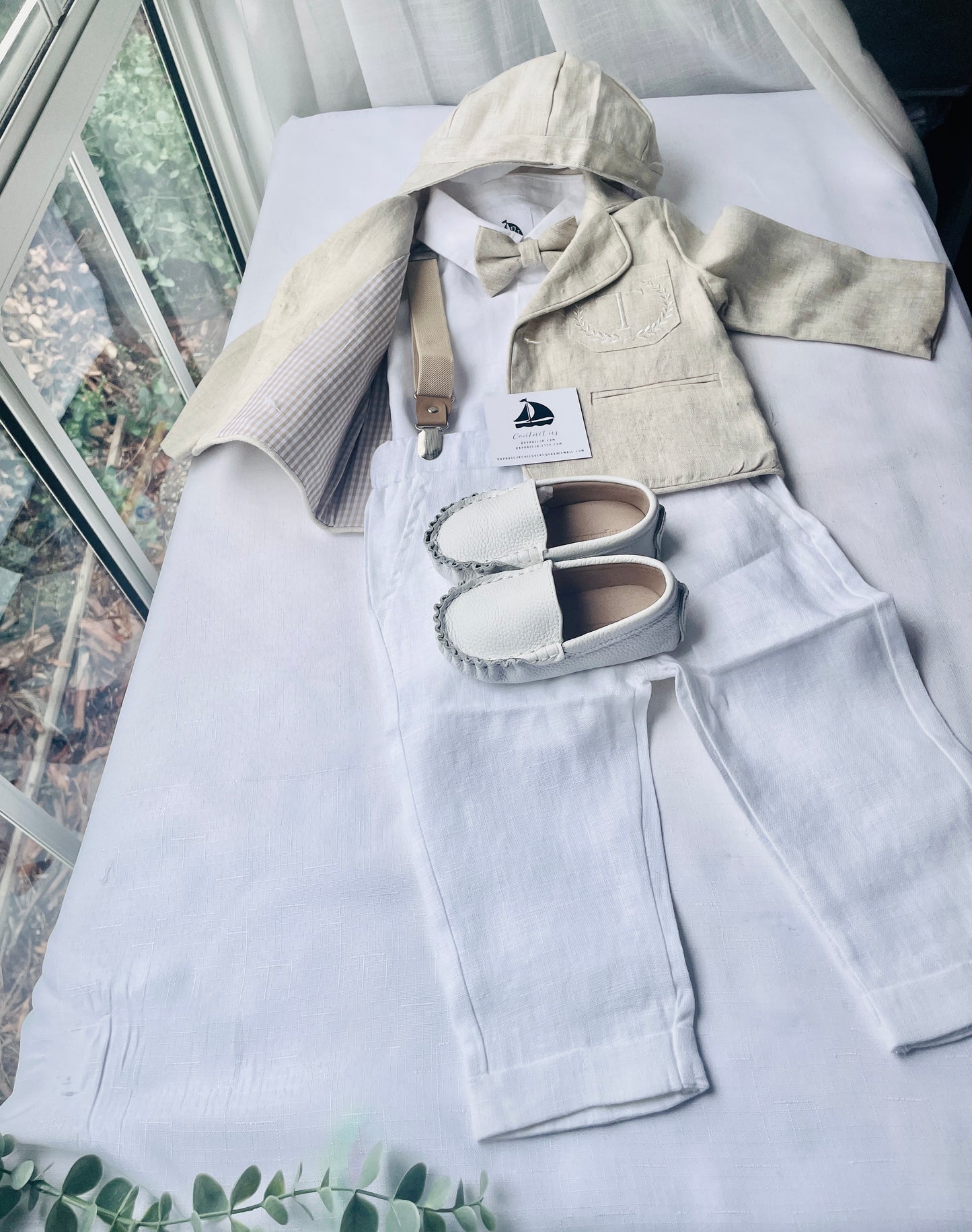 White and Beige Linen Set with optional Jacket Accessories and Embroidery Available