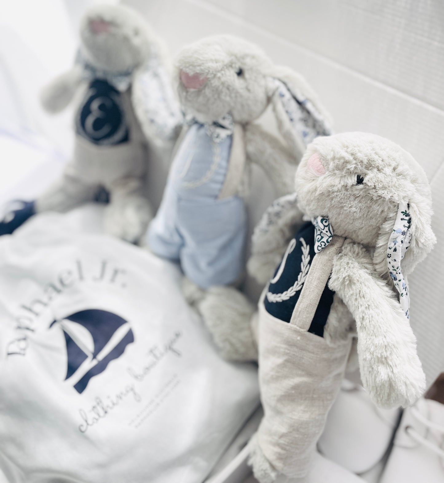 Grey fluffy christening bunny rabbit toy in little suit and bow tie to match babys outfit embroidery optional