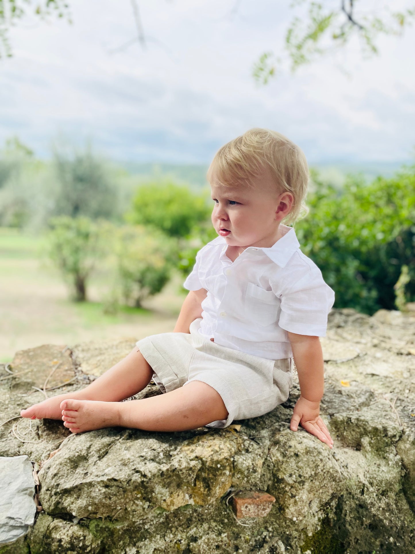 Baby and Toddler Boys pale blue and beige linen summer set with vest, shirt, shorts, suspenders and bowtie