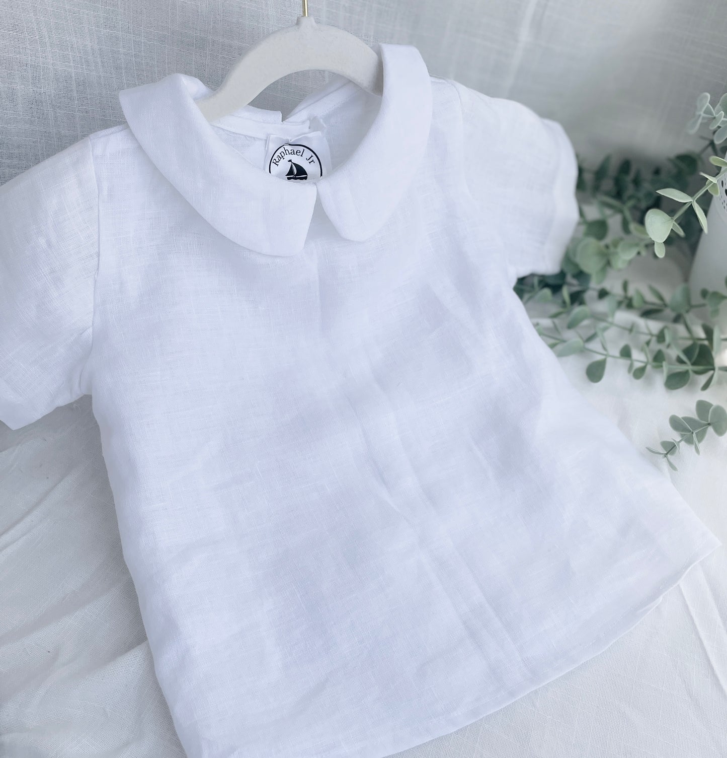 Pure linen white blouse shirt with round collar