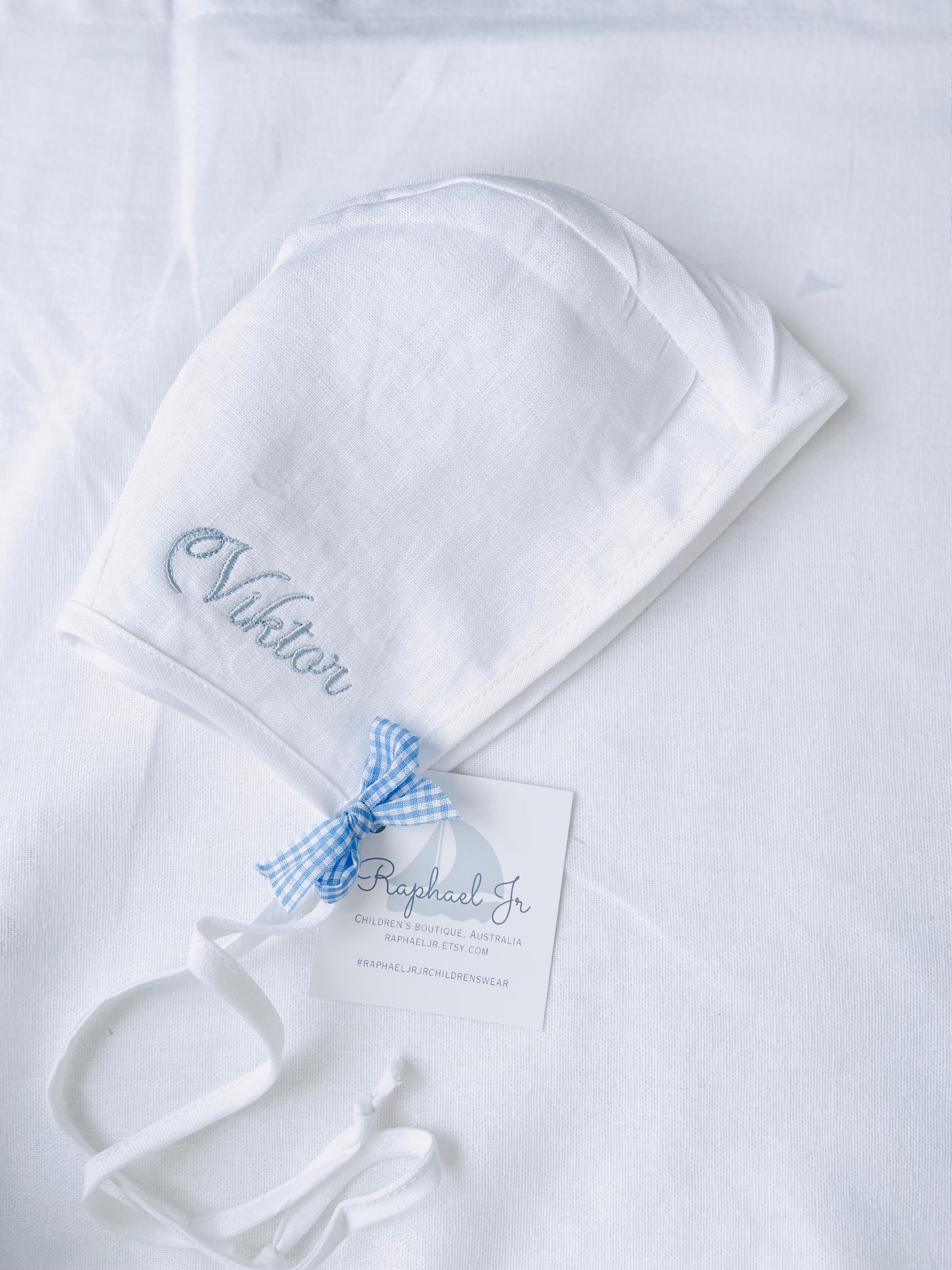 White linen baby bonnet for baptisms and christenings with optional embroidery