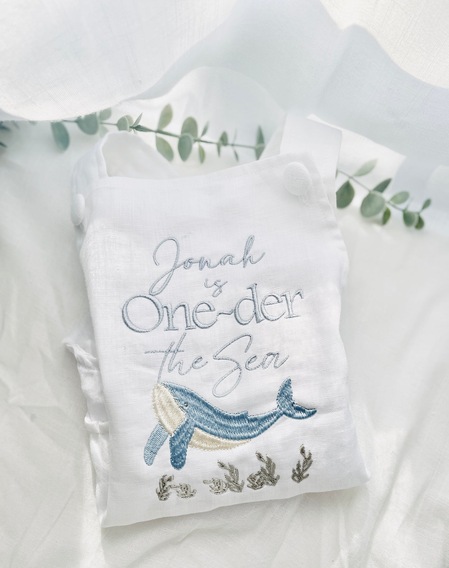 Boys White Linen romper overalls under the sea whale