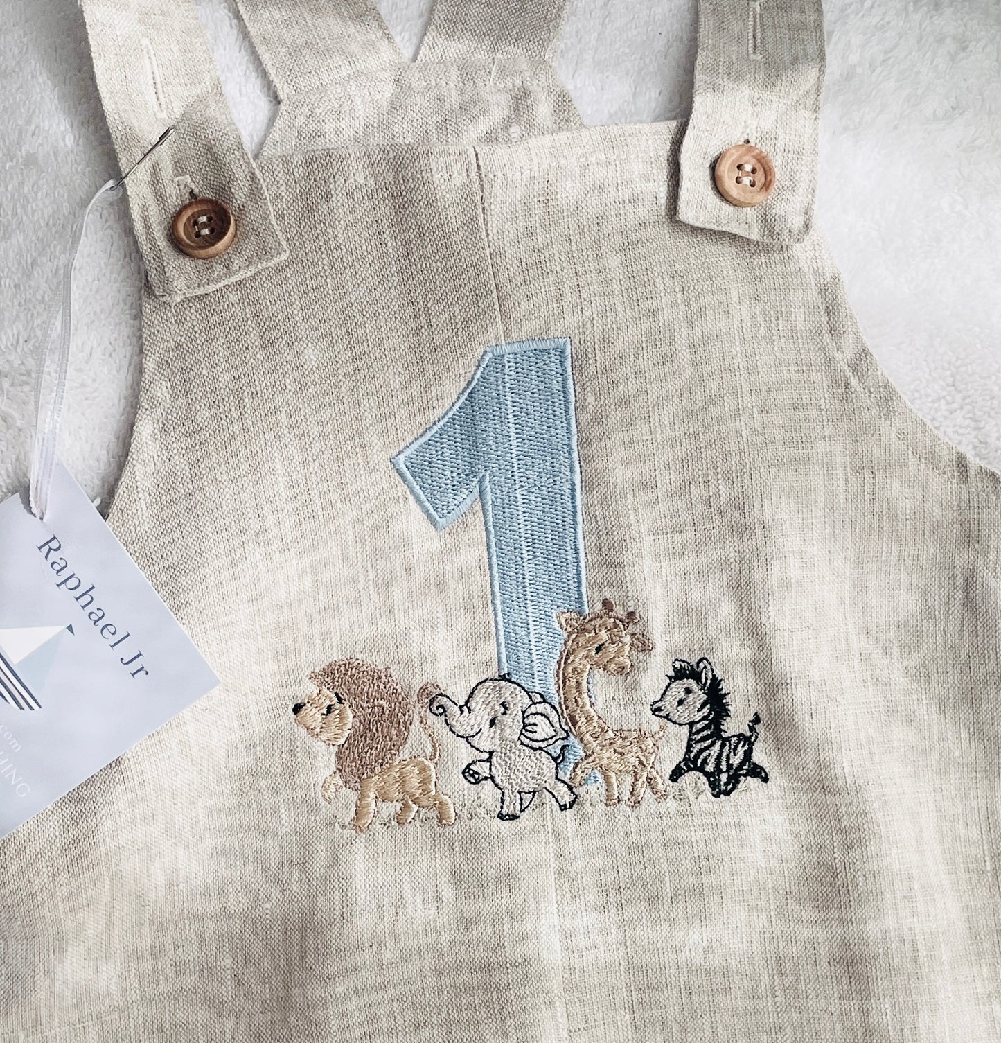 Boys Beige Linen Birthday overalls romper dungarees safari balloon fast car wild sea themes
