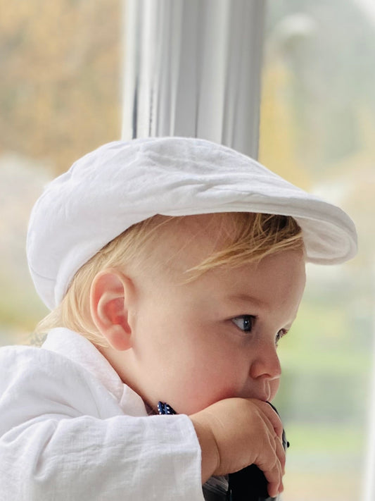 White linen Baptism flat cap beret hat
