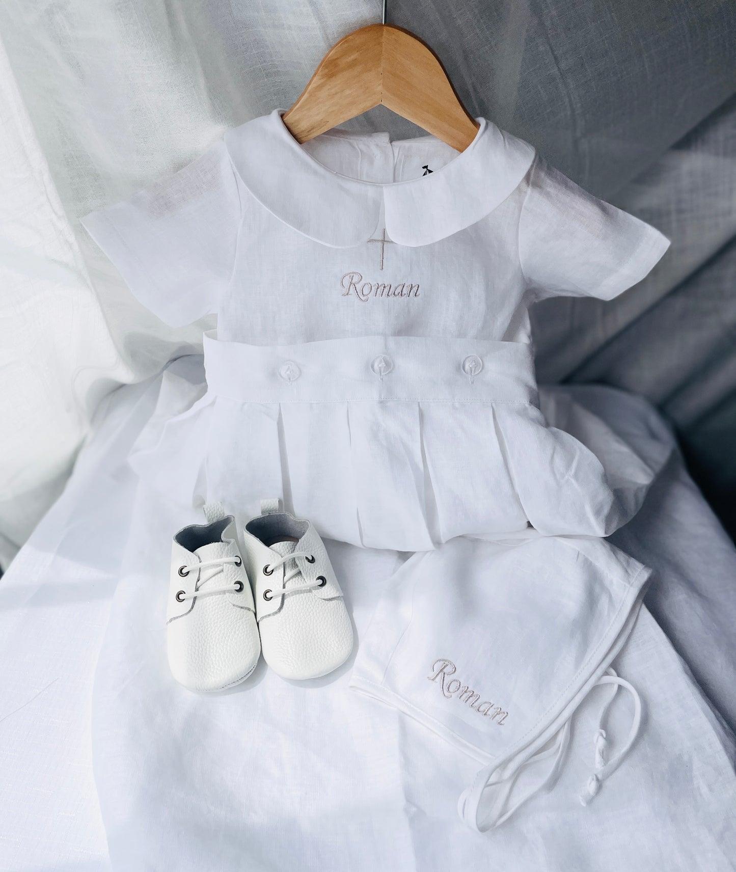 White Linen Baptism Gown romper with detachable skirt dress and optional embroidery