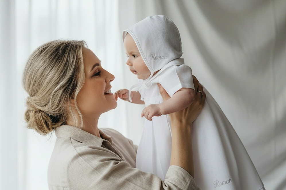 White Linen Unisex Baptism Gown romper with detachable skirt dress and optional embroidery