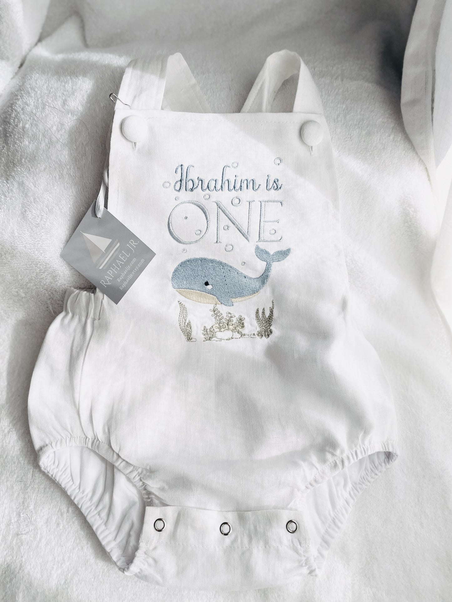 Boys White Linen birthday overalls one der the sea whale