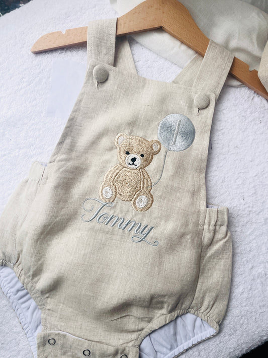 Beige and white linen Birthday teddy bear romper and blouse set