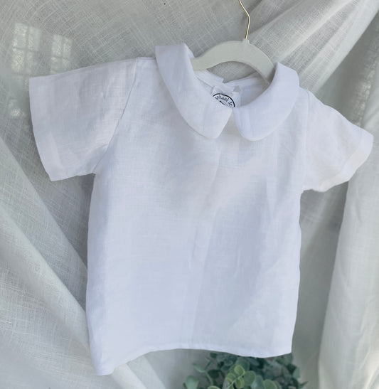 Pure linen white blouse shirt with round collar