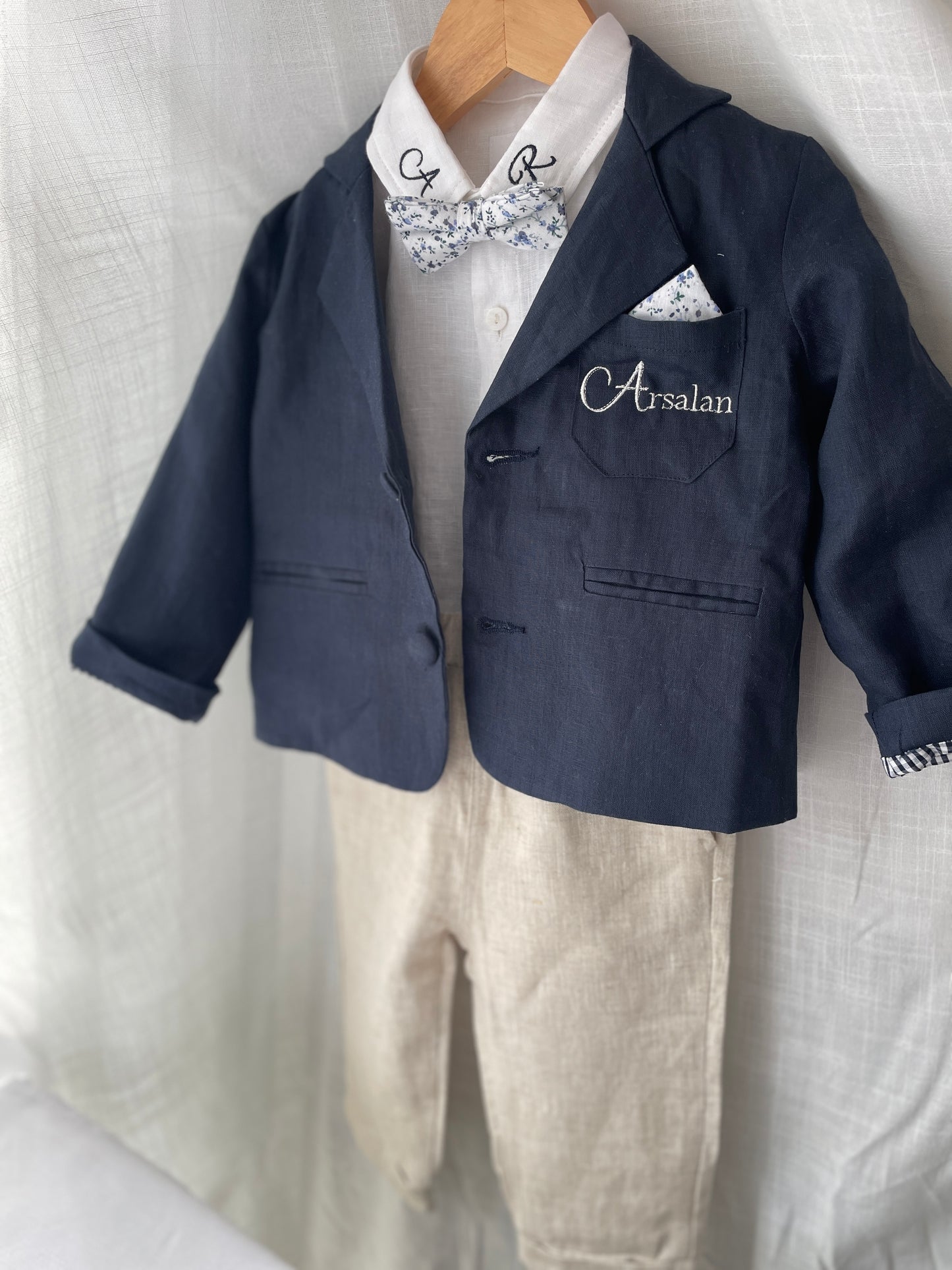 Navy blue and beige formal baptism or wedding suit with accessories and optional personalisation