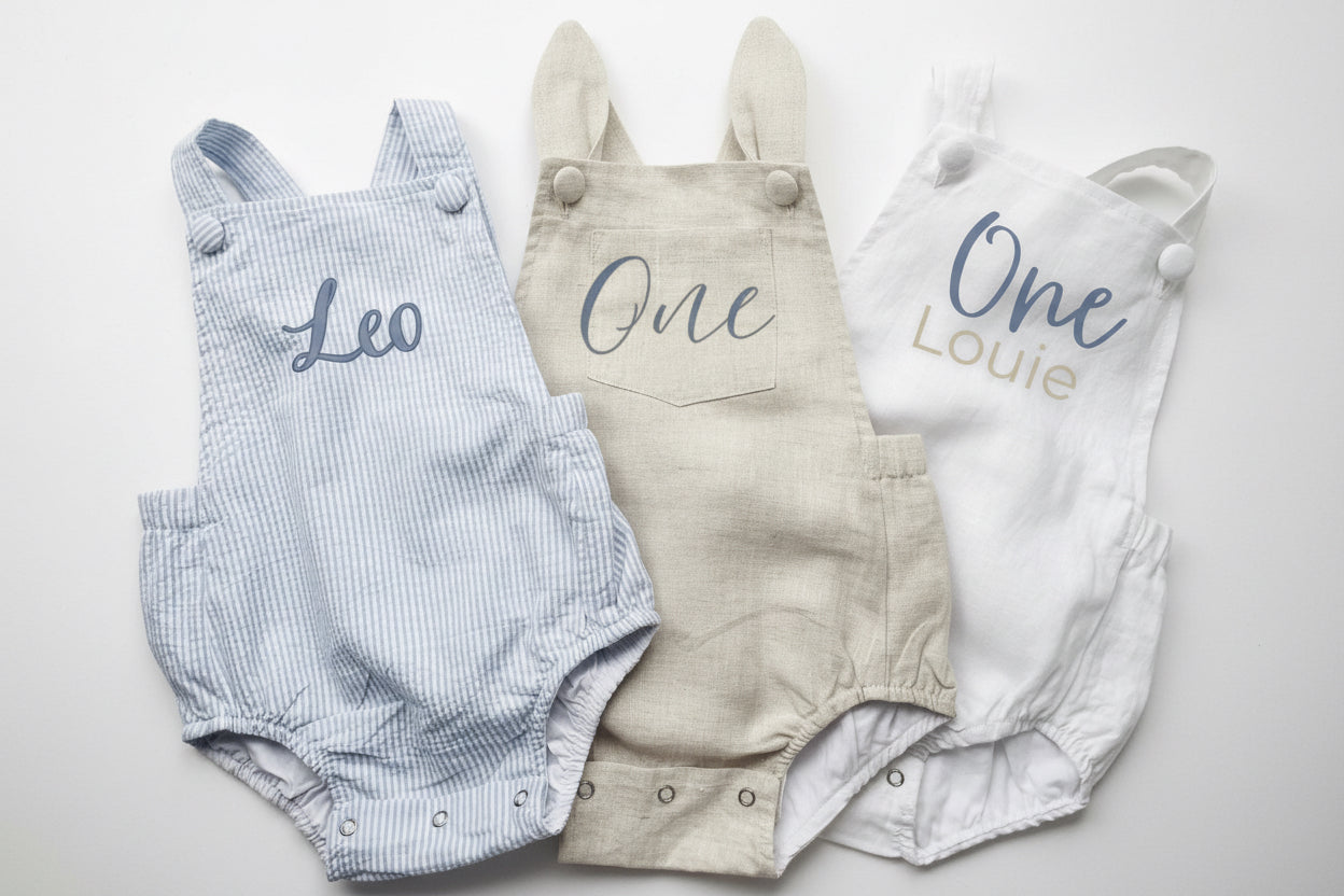 Christmas romper overalls in linen with embroidered design
