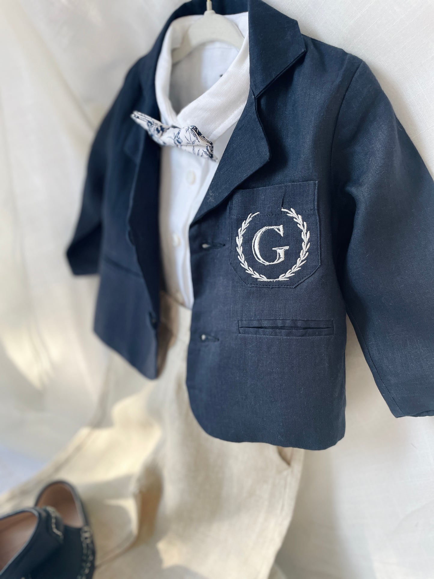 Navy blue and beige formal baptism or wedding suit with accessories and optional personalisation