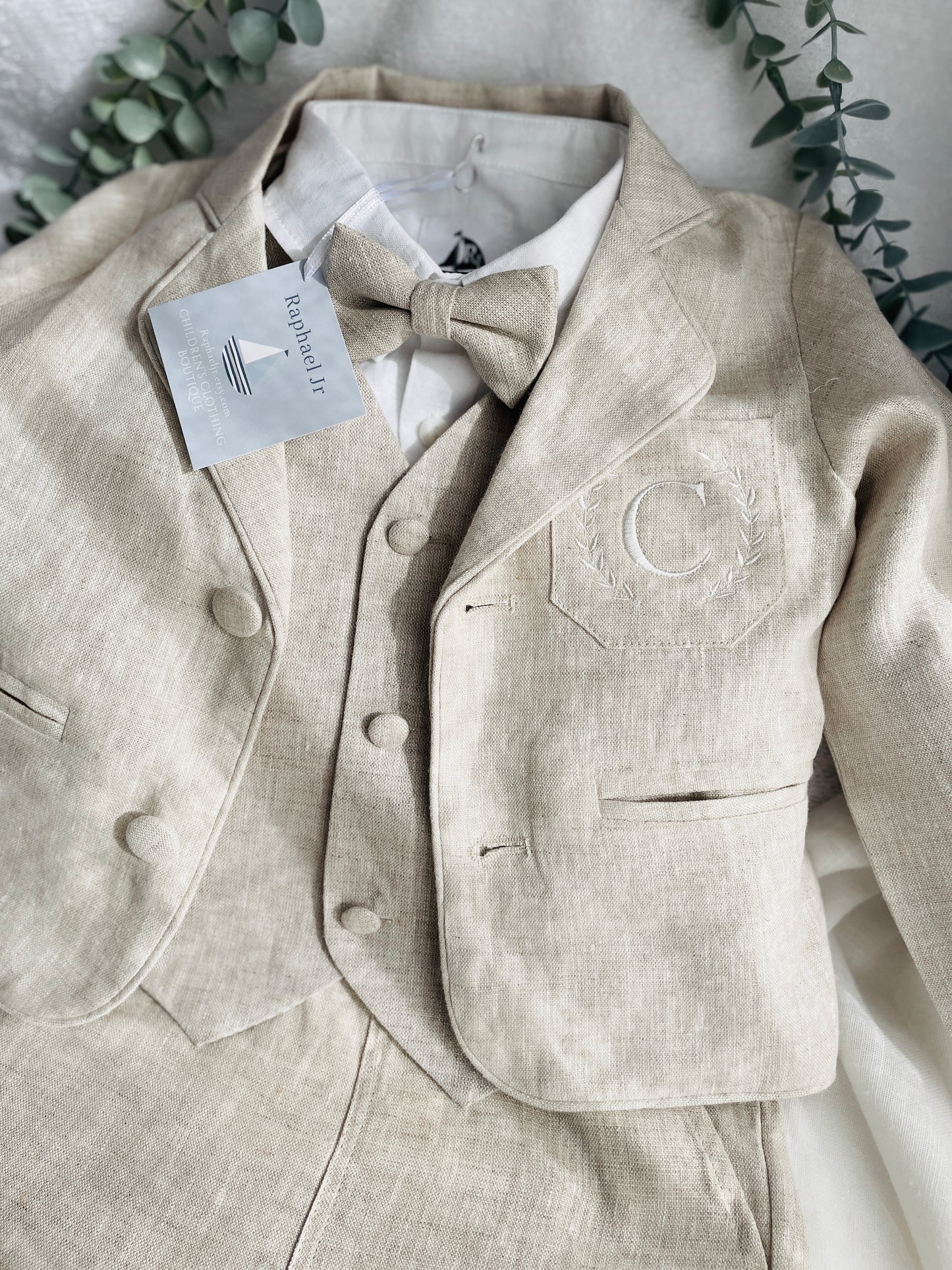 Beige linen set with vest, shirt, pants, suspenders and bowtie plus optional jacket, cap and shoes