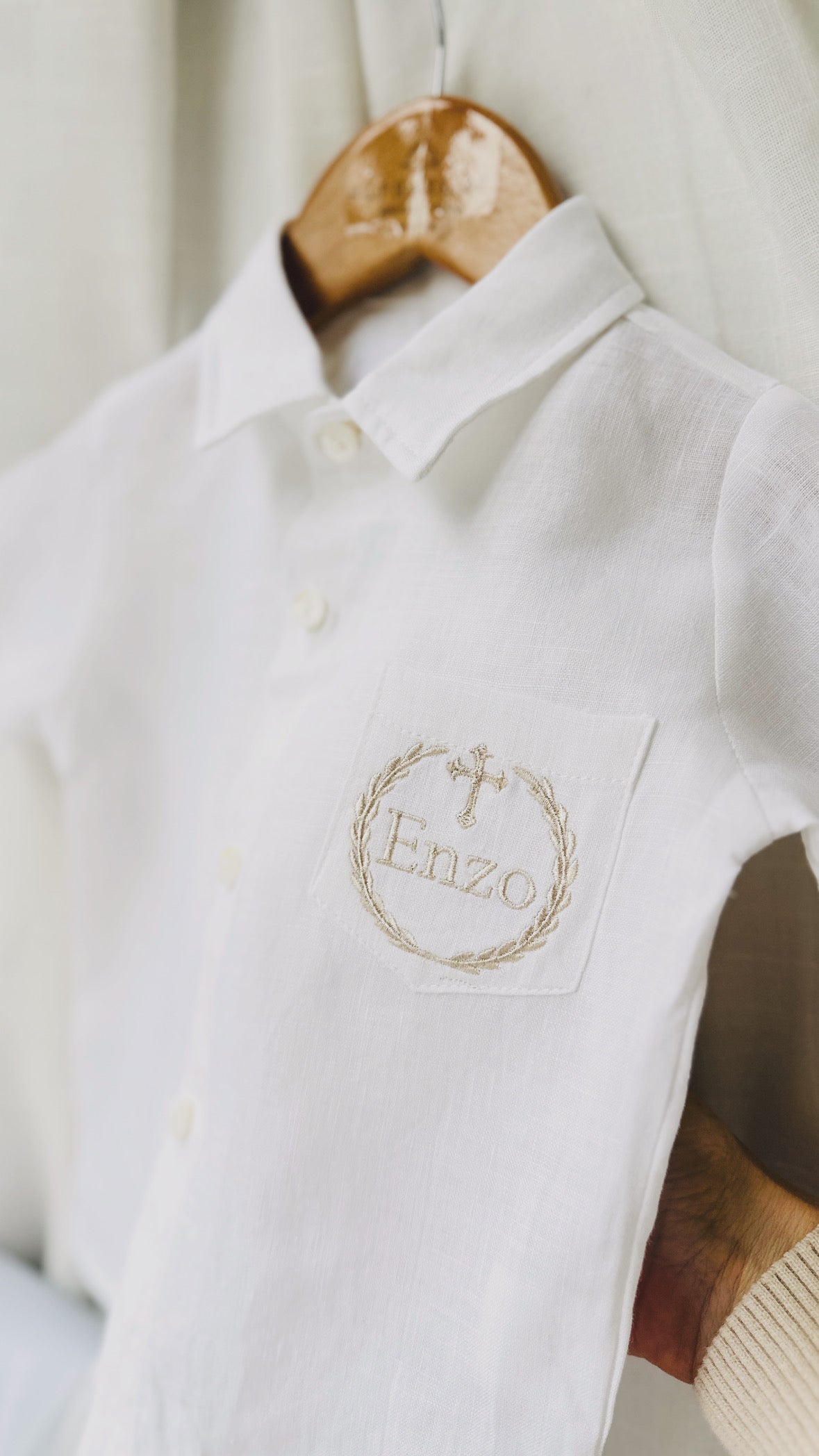 Boys white linen full length Baptism set with vest, shirt, pants, suspenders and bow tie