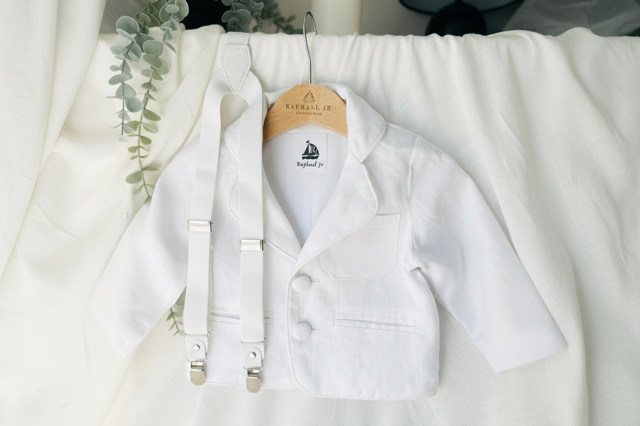Boys White linen Baptism blazer jacket with optional embroidery