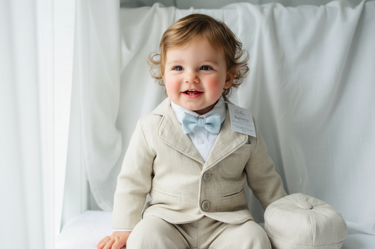 Beige linen pants and shirt set with bowtie and suspenders and optional personalisation