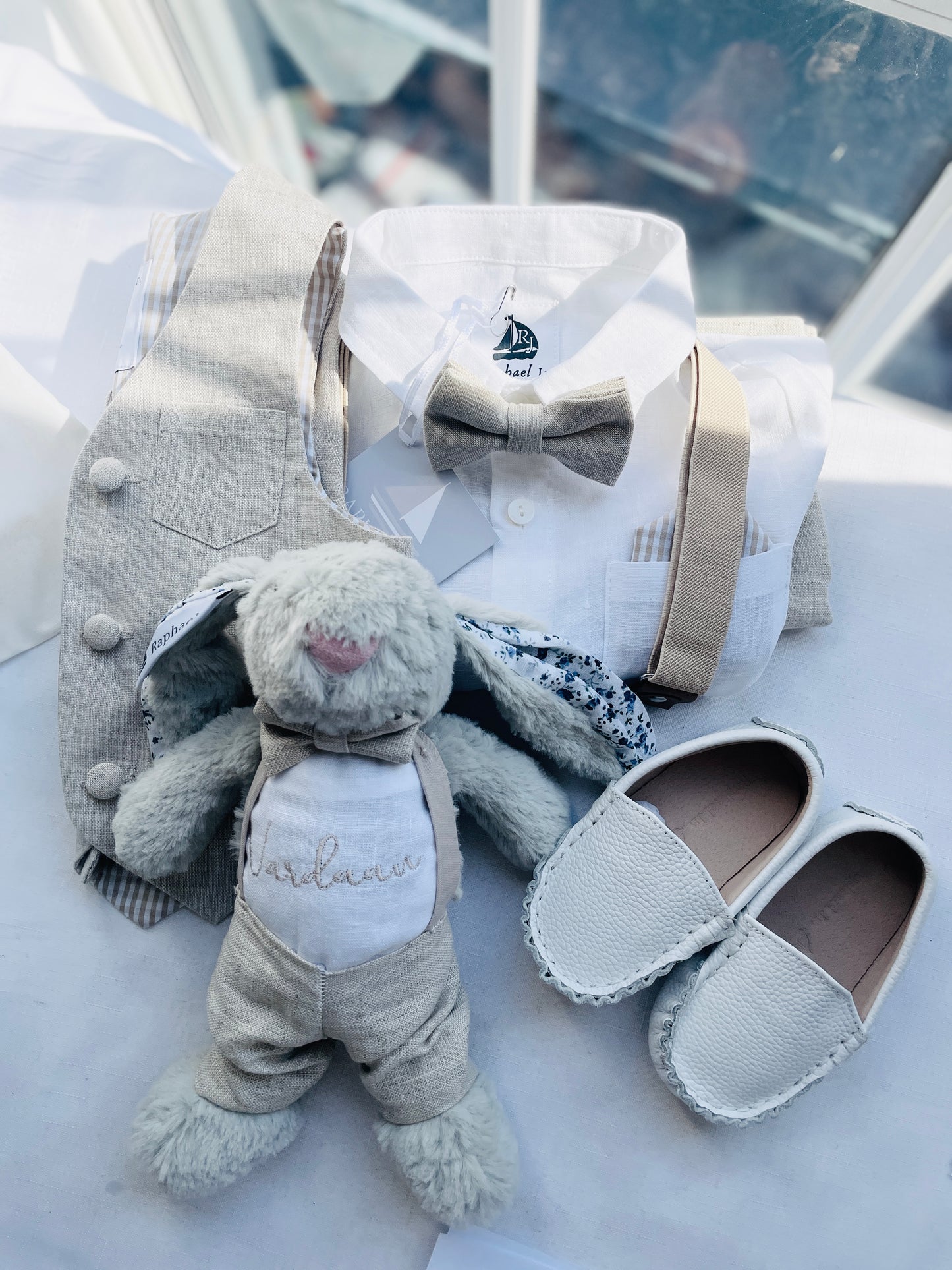 Beige linen set with vest, shirt, pants, suspenders and bowtie plus optional jacket, cap and shoes