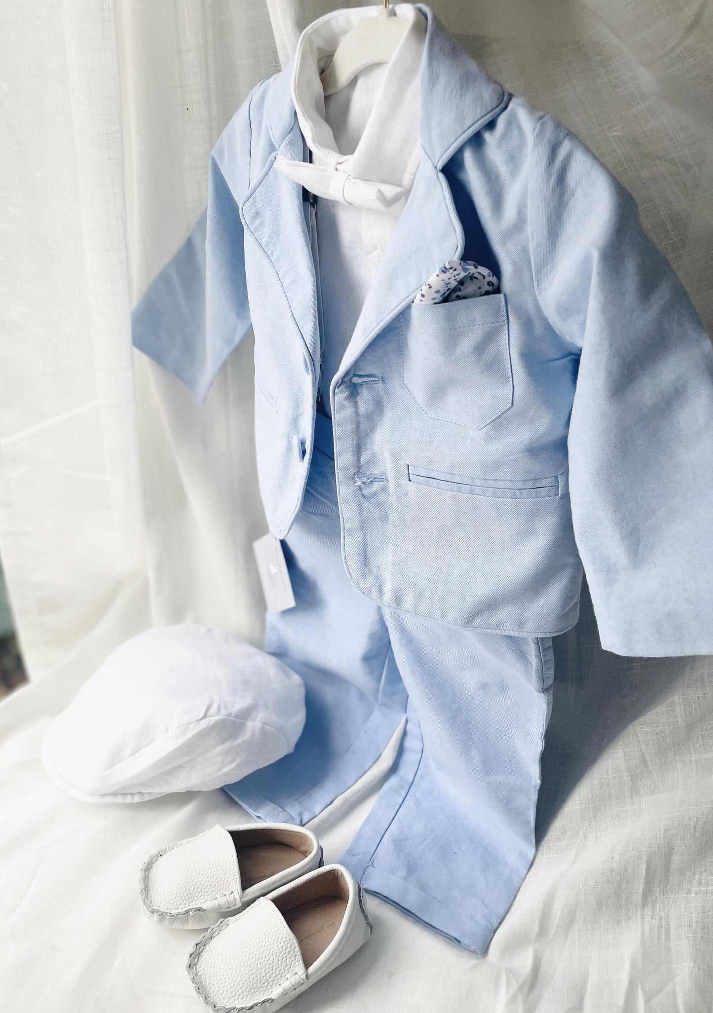 Baby and toddler boys pale blue chambray and linen full suit