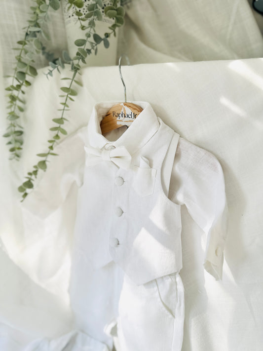 Boys white linen full length Baptism set with vest, shirt, pants, suspenders and bow tie