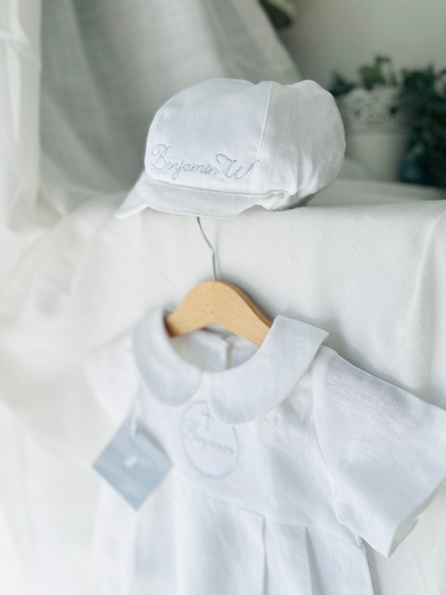 White linen baby cap for baptisms and christenings with optional embroidery