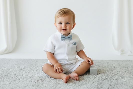 Baby and Toddler Boys white linen summer set with vest, shirt, shorts, suspenders and bowtie