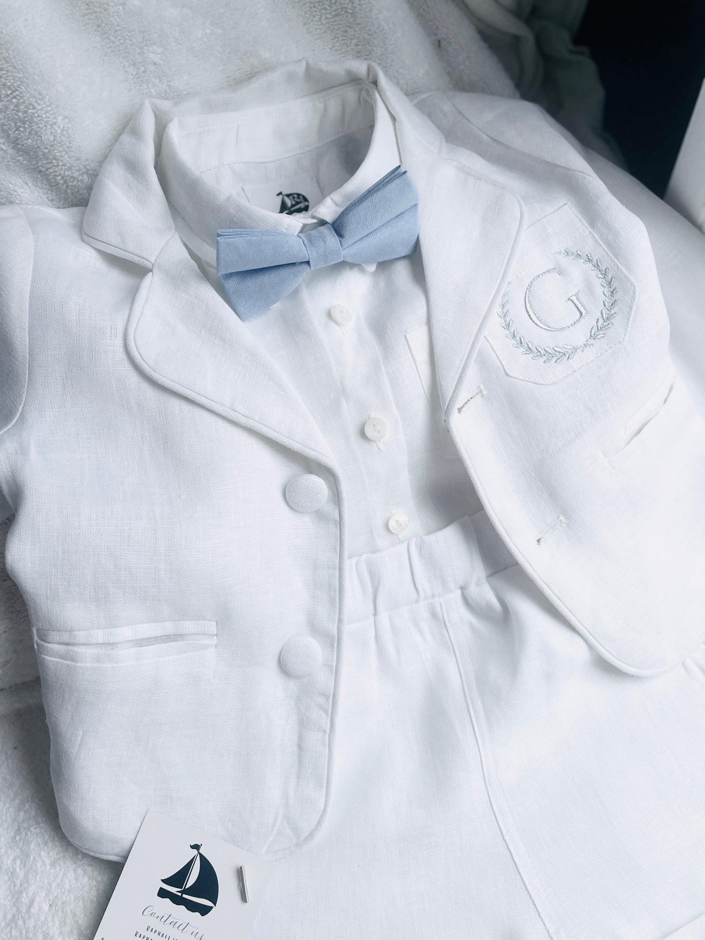 White linen Baptism suit set with pants, shirt, suspenders and bowtie plus optional extras