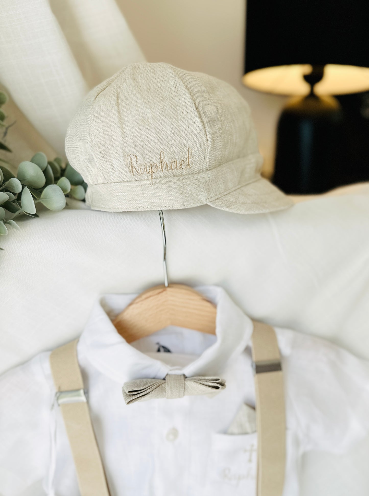 Beige linen suit with optional jacket, cap and shoes.