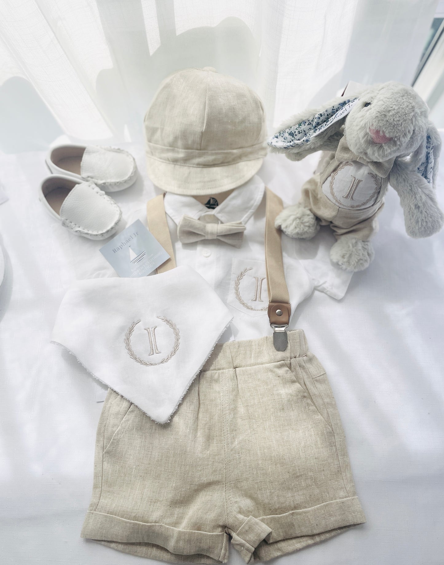 Baby and Toddler Boys pale blue and beige linen summer set with vest, shirt, shorts, suspenders and bowtie