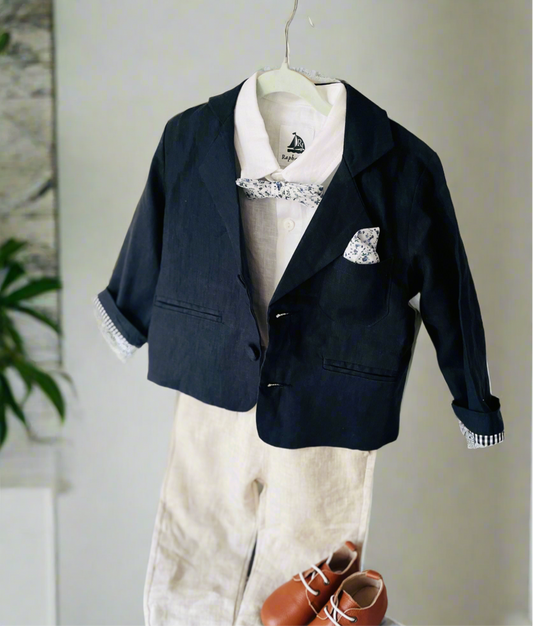 Navy blue and beige formal baptism or wedding suit with accessories and optional personalisation