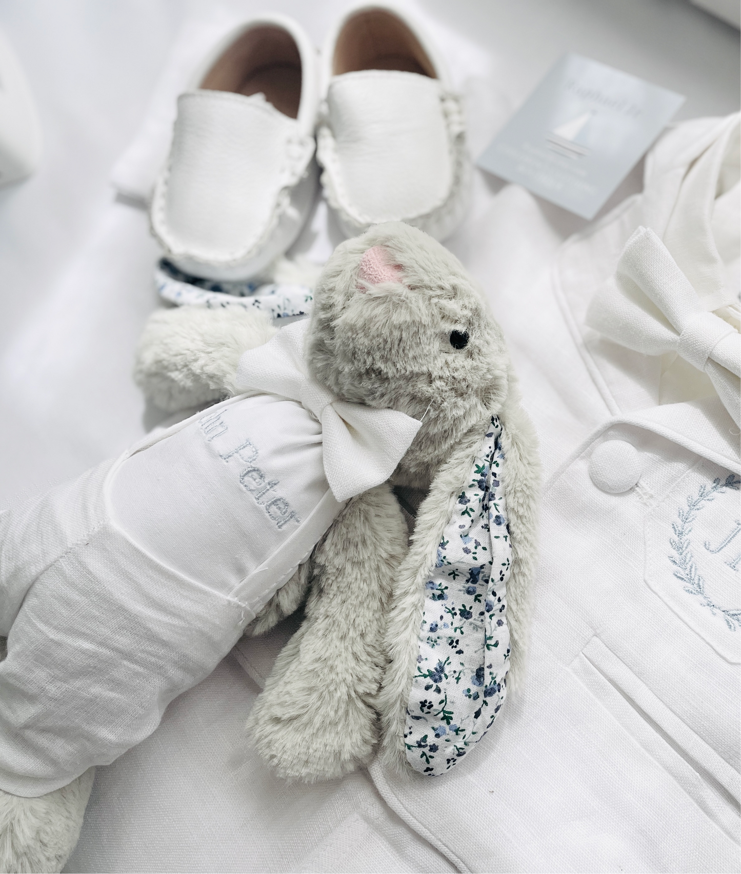 Grey fluffy christening bunny rabbit toy in little suit and bow tie to match babys outfit embroidery optional