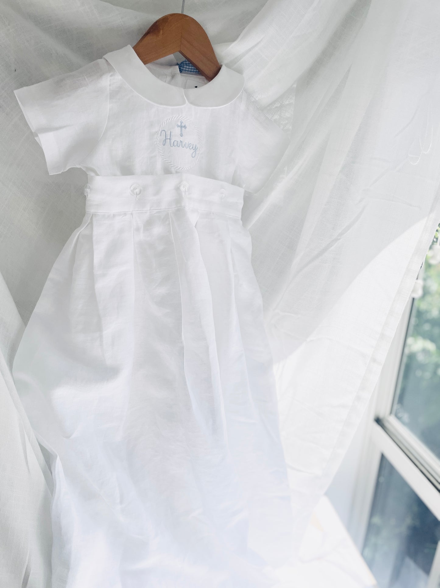 White Linen Baptism Gown romper with detachable skirt dress and optional embroidery