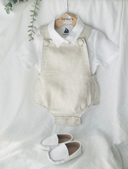 Baby and Toddler boys beige and white linen baptism romper and shirt set