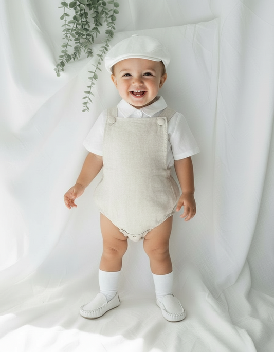 Beige linen baptism and birthday romper and shirt set