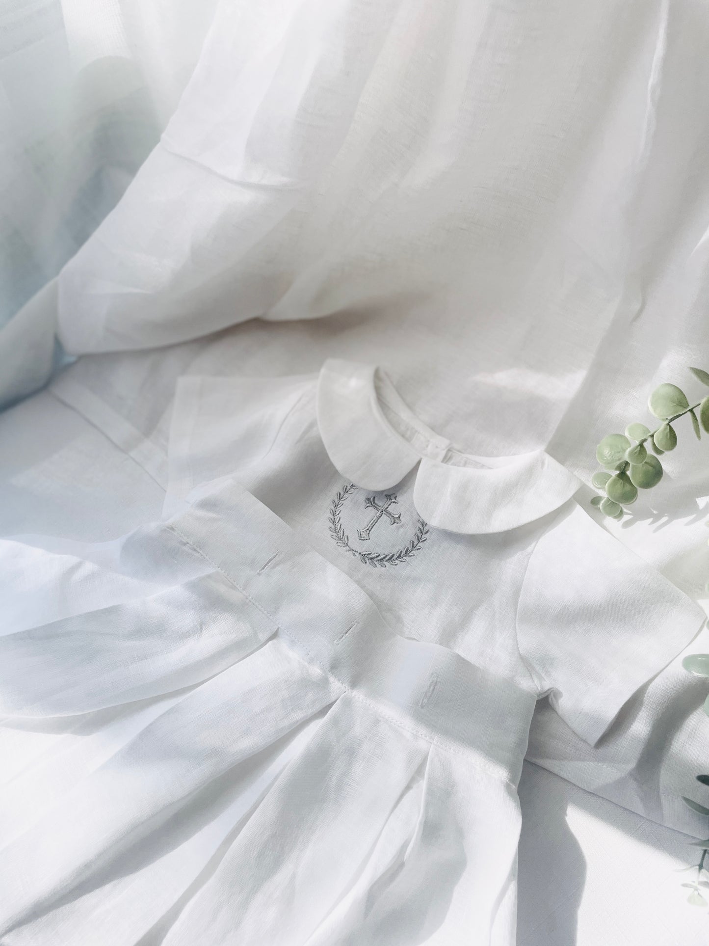 White Linen Baptism Gown romper with detachable skirt dress and optional embroidery