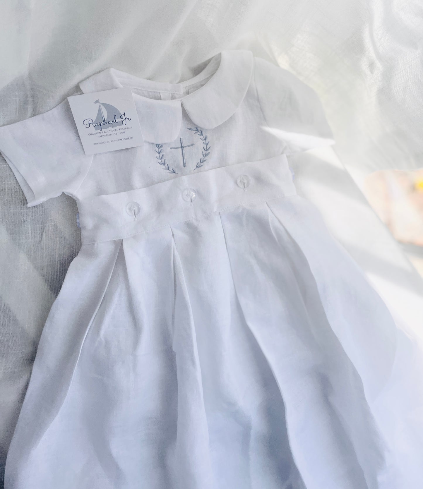 White Linen Baptism Gown romper with detachable skirt dress and optional embroidery