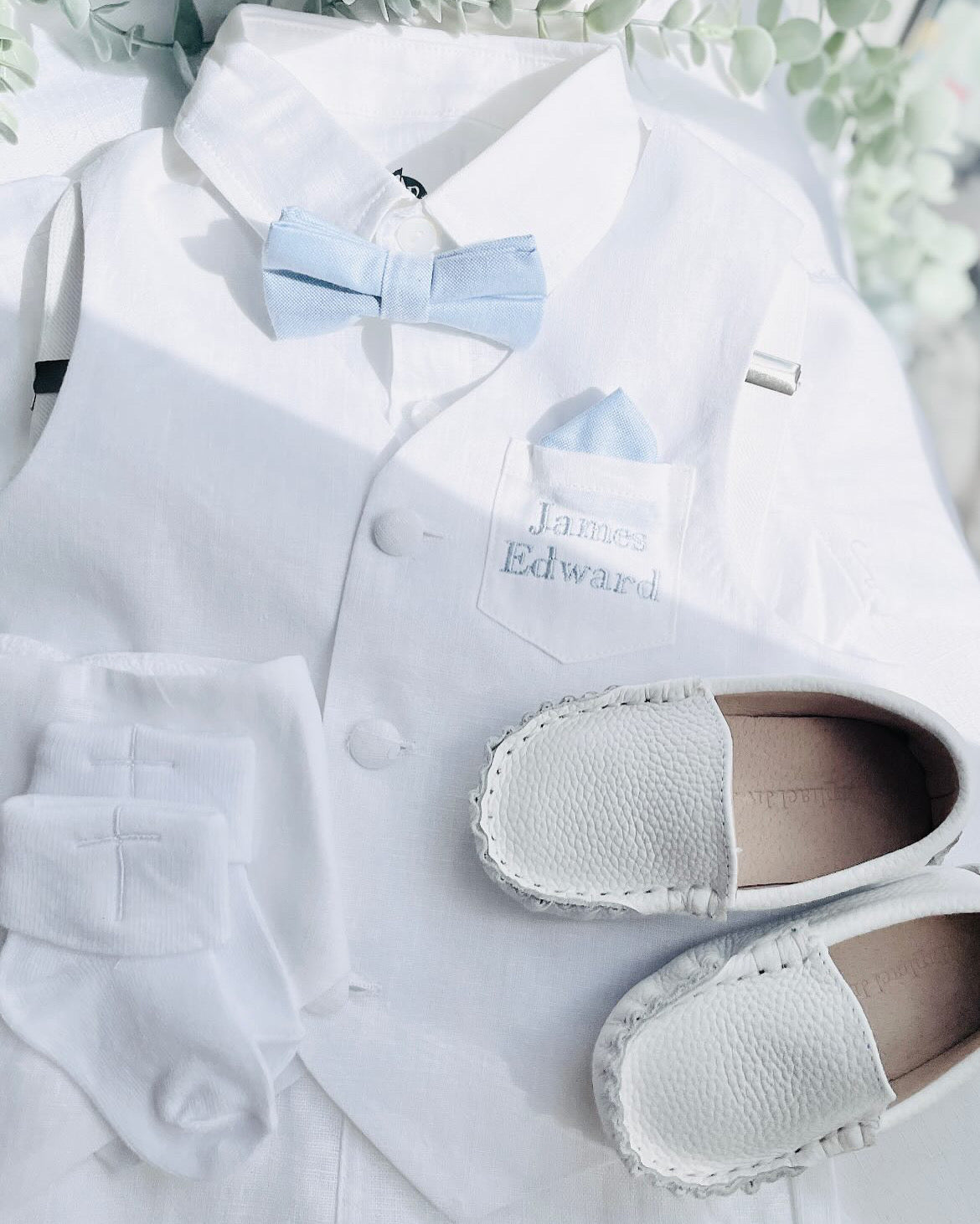 Baby and Toddler Boys white linen full length set with vest, shirt, pants, suspenders and bowtie