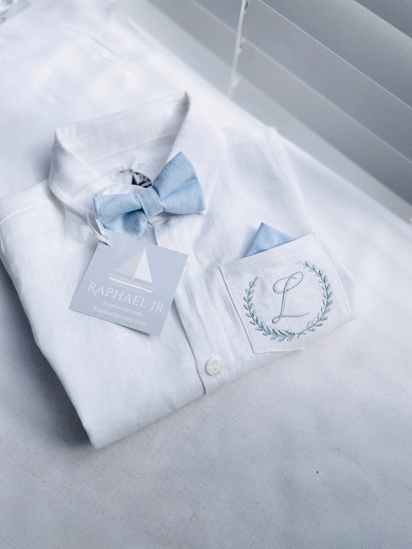 Blue chambray and white linen suit