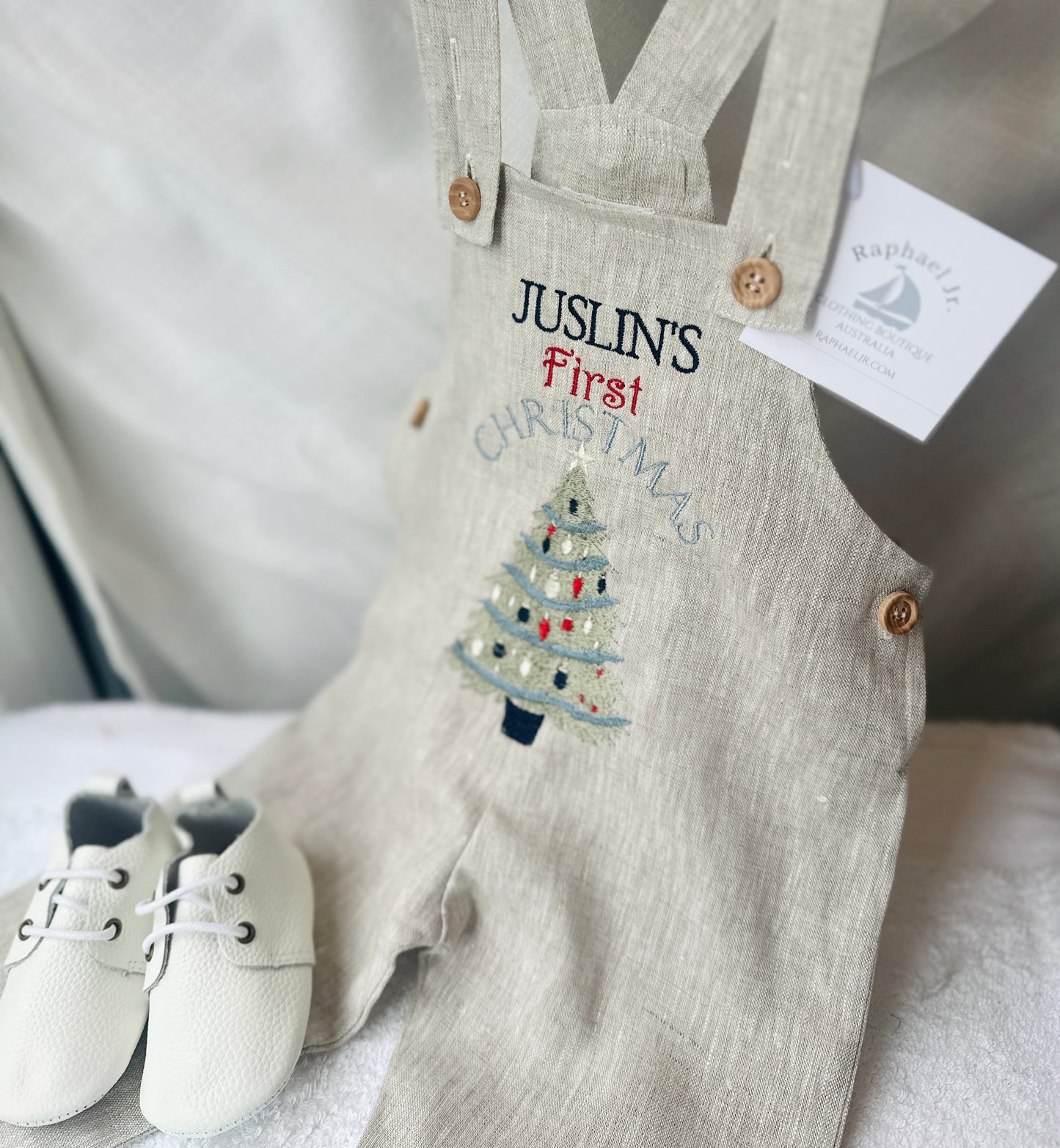 Boys Beige Linen Christmas overalls romper customisable