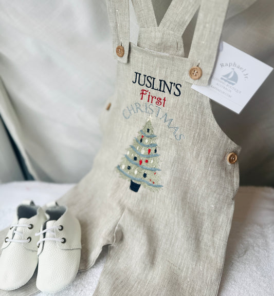 Boys Beige Linen Christmas overalls romper customisable
