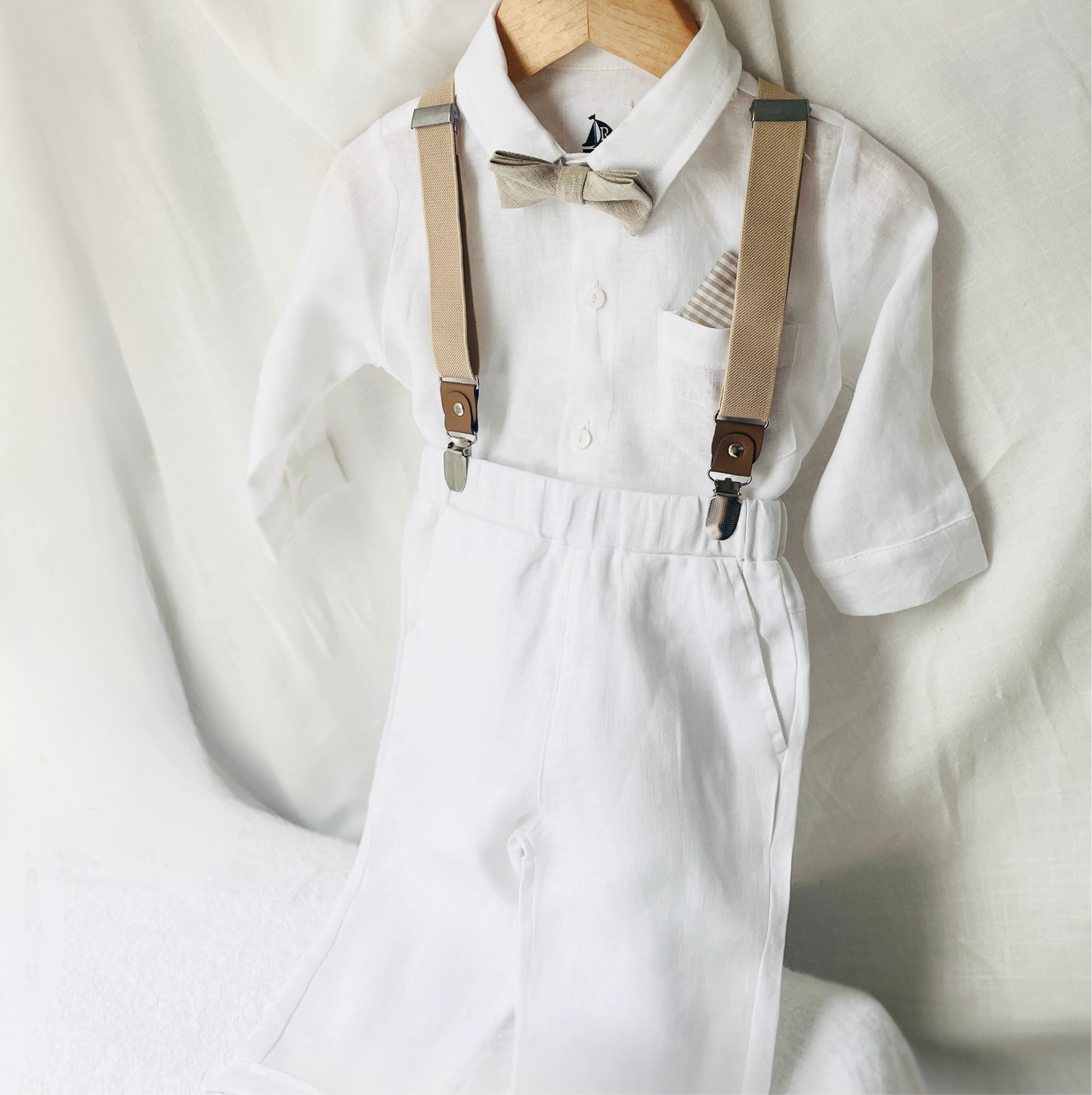 White and Beige Linen Set with optional Jacket Accessories and Embroidery Available