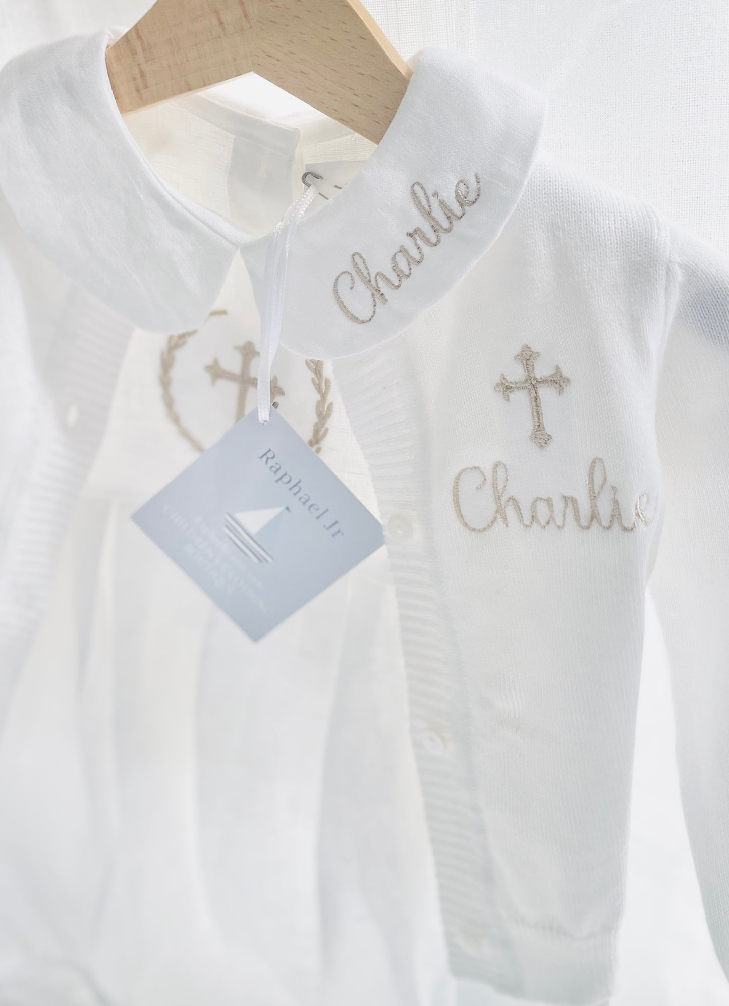 Linen Baptism peter pan collar romper outfit with optional embroidery customisation