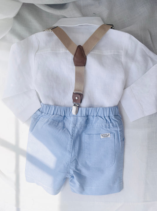 pale blue chambray summer set with shorts, shirt, suspenders and bow tie plus optional extras
